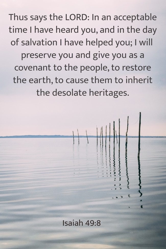 Thus says the LORD: In an acceptable time I have heard you, and in the day of salvation I have helped you; I will preserve you and give you as a covenant to the people, to restore the earth, to cause them to inherit the desolate heritages. - Isaiah 49:8