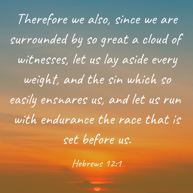 Therefore we also, since we are surrounded by so great a cloud of witnesses, let us lay aside every weight, and the sin which so easily ensnares us, and let us run with endurance the race that is set before us. - Hebrews 12:1