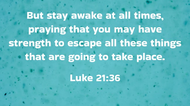But stay awake at all times, praying that you may have strength to escape all these things that are going to take place. - Luke 21:36
