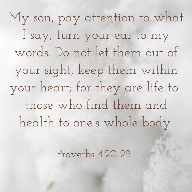My son, pay attention to what I say; turn your ear to my words. Do not let them out of your sight, keep them within your heart; for they are life to those who find them and health to one’s whole body. - Proverbs 4:20-22