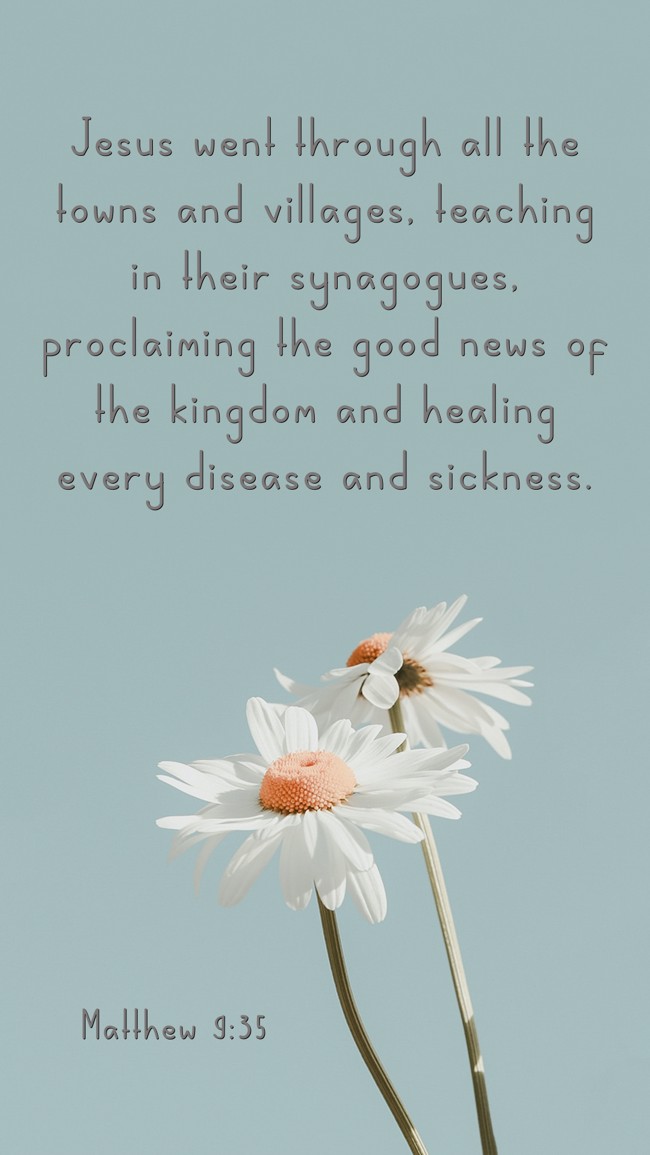 Jesus went through all the towns and villages, teaching in their synagogues, proclaiming the good news of the kingdom and healing every disease and sickness. - Matthew 9:35