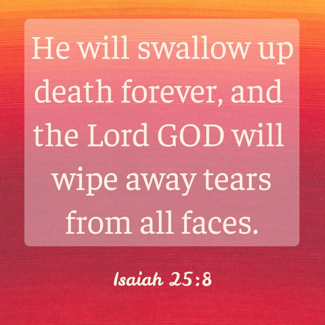 He will swallow up death forever, and the Lord GOD will wipe away tears from all faces. - Isaiah 25:8