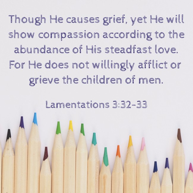 Though He causes grief, yet He will show compassion according to the abundance of His steadfast love. For He does not willingly afflict or grieve the children of men. - Lamentations 3:32-33