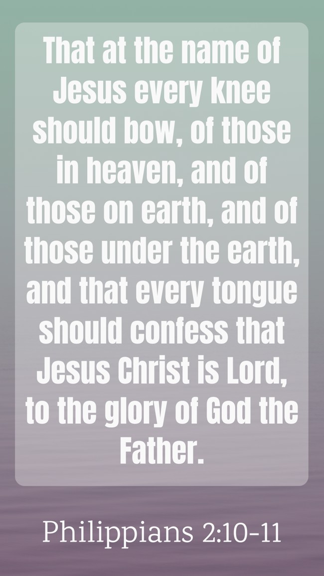 That at the name of Jesus every knee should bow, of those in heaven, and of those on earth, and of those under the earth, and that every tongue should confess that Jesus Christ is Lord, to the glory of God the Father. - Philippians 2:10-11