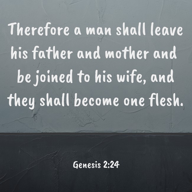 Therefore a man shall leave his father and mother and be joined to his wife, and they shall become one flesh. - Genesis 2:24