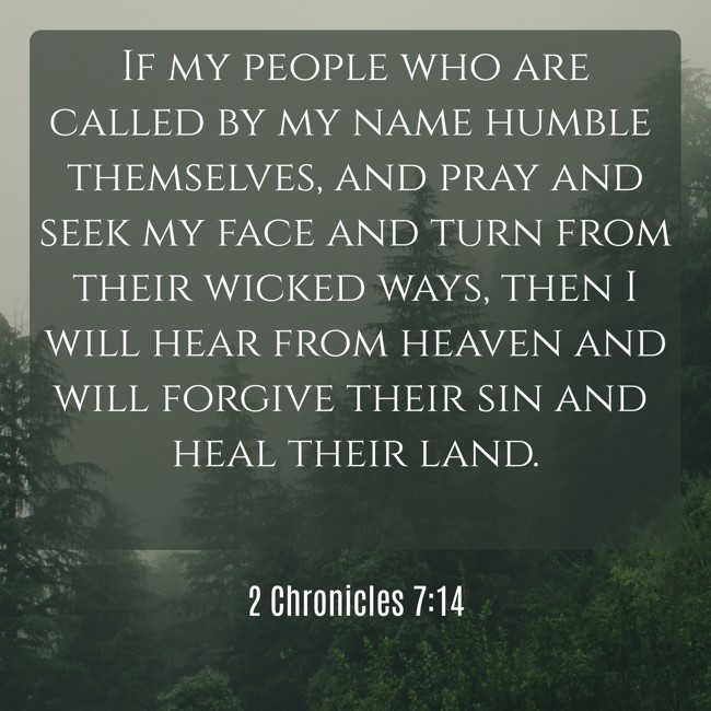 If my people who are called by my name humble themselves, and pray and seek my face and turn from their wicked ways, then I will hear from heaven and will forgive their sin and heal their land. - 2 Chronicles 7:14