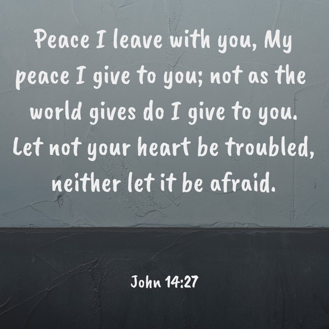 Peace I leave with you, My peace I give to you; not as the world gives do I give to you. Let not your heart be troubled, neither let it be afraid. - John 14:27