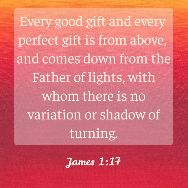 Every good gift and every perfect gift is from above, and comes down from the Father of lights, with whom there is no variation or shadow of turning. - James 1:17
