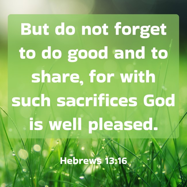 But do not forget to do good and to share, for with such sacrifices God is well pleased. - Hebrews 13:16