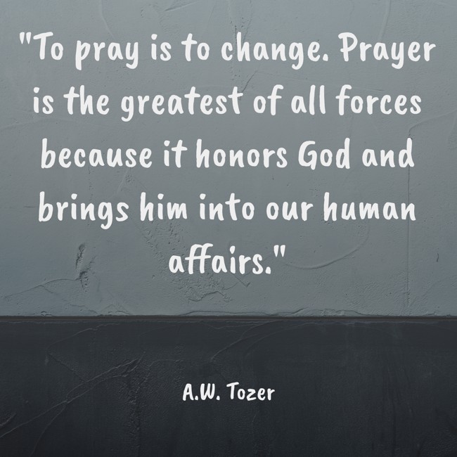 To pray is to change. Prayer is the greatest of all forces because it honors God and brings him into our human affairs. - A.W. Tozer