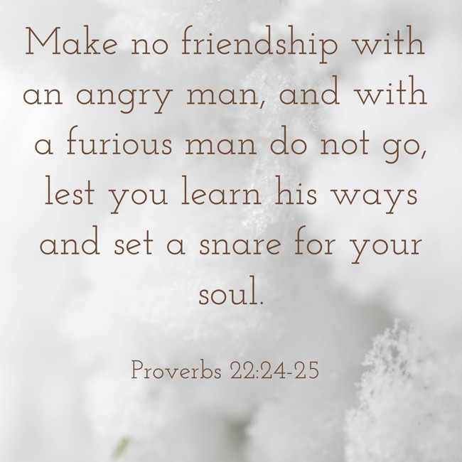 Make no friendship with an angry man, and with a furious man do not go, lest you learn his ways and set a snare for your soul. - Proverbs 22:24-25