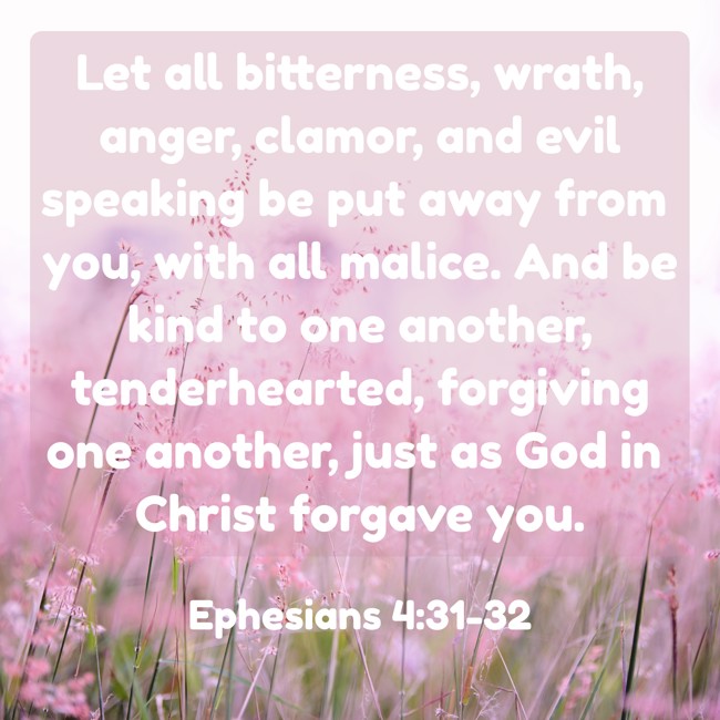 Let all bitterness, wrath, anger, clamor, and evil speaking be put away from you, with all malice. And be kind to one another, tenderhearted, forgiving one another, just as God in Christ forgave you. - Ephesians 4:31-32