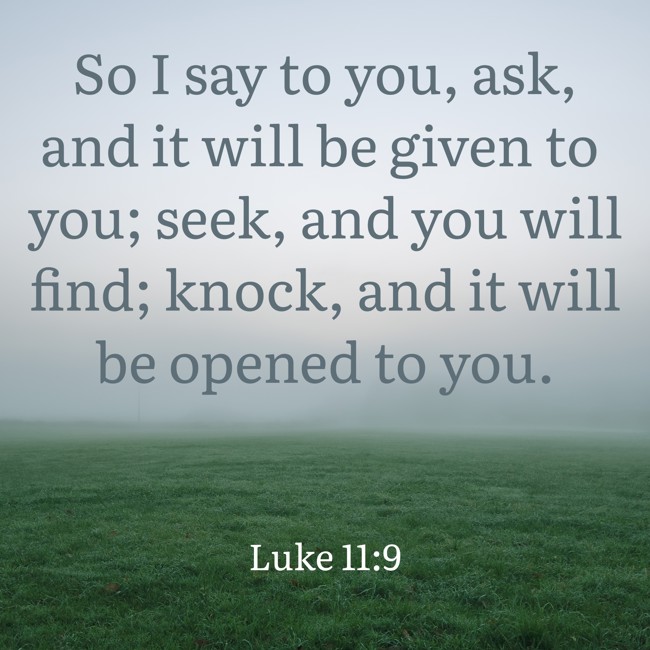 So I say to you, ask, and it will be given to you; seek, and you will find; knock, and it will be opened to you. - Luke 11:9