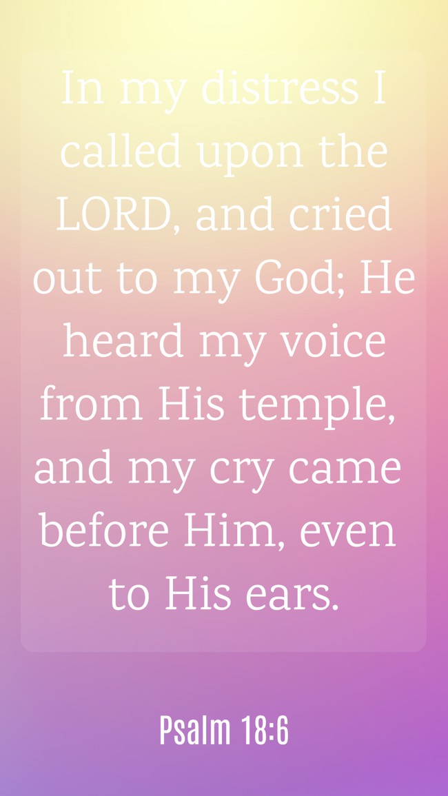In my distress I called upon the LORD, and cried out to my God; He heard my voice from His temple, and my cry came before Him, even to His ears. - Psalm 18:6