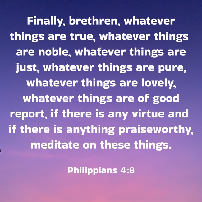 Finally, brethren, whatever things are true, whatever things are noble, whatever things are just, whatever things are pure, whatever things are lovely, whatever things are of good report, if there is any virtue and if there is anything praiseworthy, meditate on these things. - Philippians 4:8