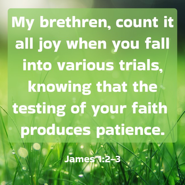 My brethren, count it all joy when you fall into various trials, knowing that the testing of your faith produces patience. - James 1:2-3