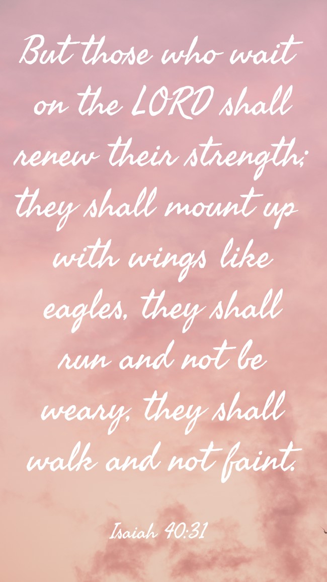 But those who wait on the LORD shall renew their strength; they shall mount up with wings like eagles, they shall run and not be weary, they shall walk and not faint. - Isaiah 40:31