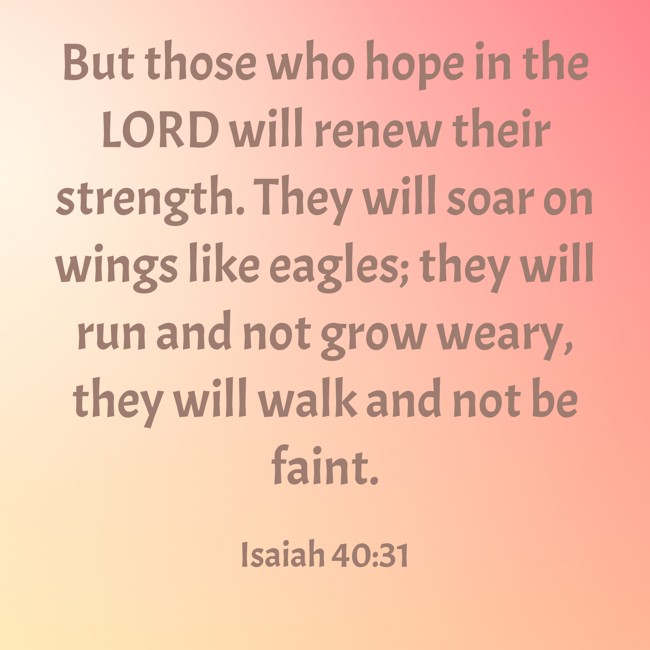 But those who hope in the LORD will renew their strength. They will soar on wings like eagles; they will run and not grow weary, they will walk and not be faint.   - Isaiah 40:31