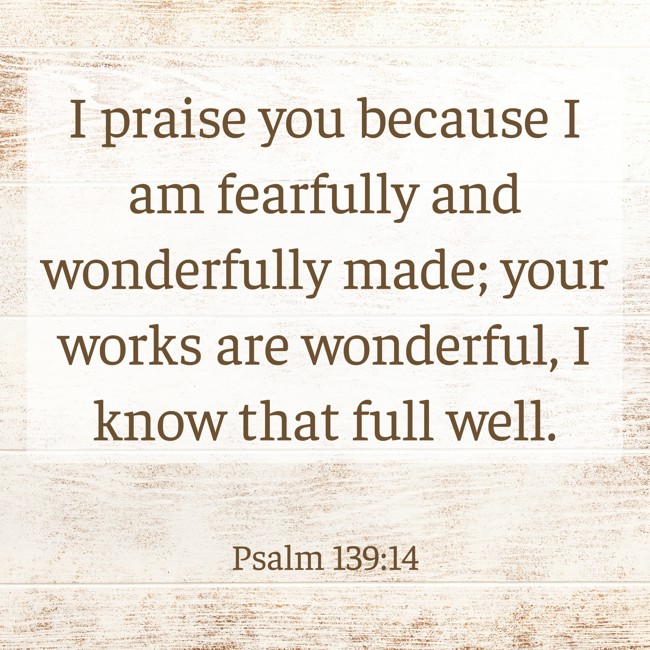 I praise you because I am fearfully and wonderfully made; your works are wonderful, I know that full well. - Psalm 139:14