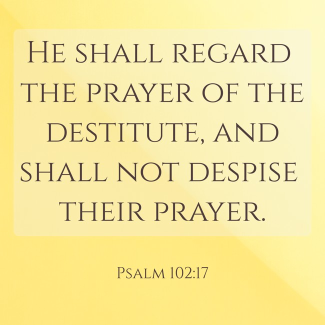 He shall regard the prayer of the destitute, and shall not despise their prayer. - Psalm 102:17