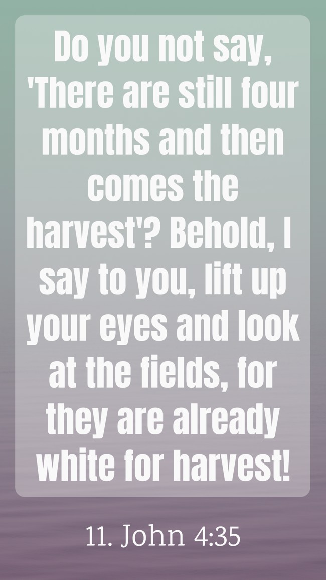 Do you not say, 'There are still four months and then comes the harvest'? Behold, I say to you, lift up your eyes and look at the fields, for they are already white for harvest! - 11. John 4:35