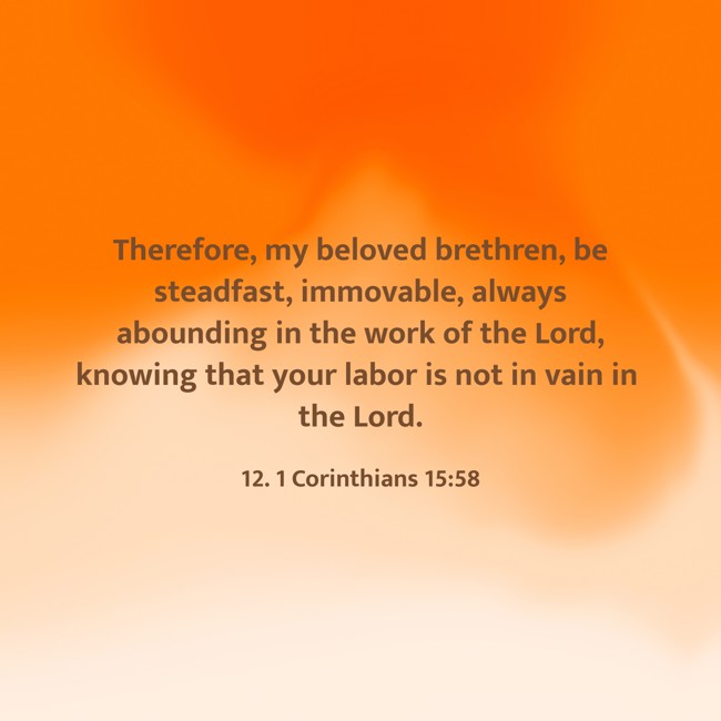Therefore, my beloved brethren, be steadfast, immovable, always abounding in the work of the Lord, knowing that your labor is not in vain in the Lord. - 12. 1 Corinthians 15:58