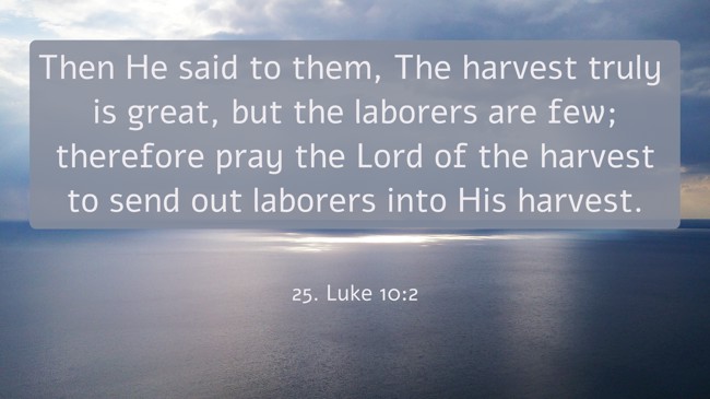 Then He said to them, The harvest truly is great, but the laborers are few; therefore pray the Lord of the harvest to send out laborers into His harvest. - 25. Luke 10:2