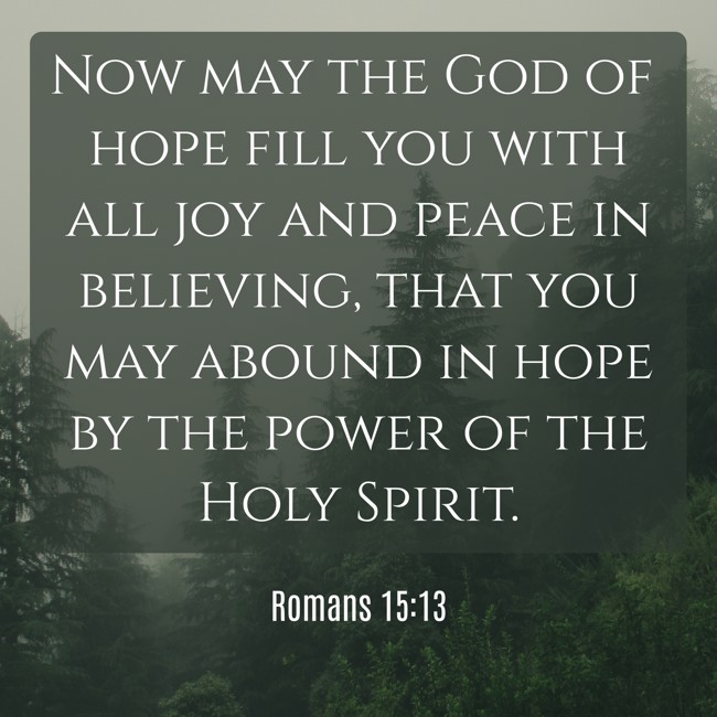 Now may the God of hope fill you with all joy and peace in believing, that you may abound in hope by the power of the Holy Spirit. - Romans 15:13