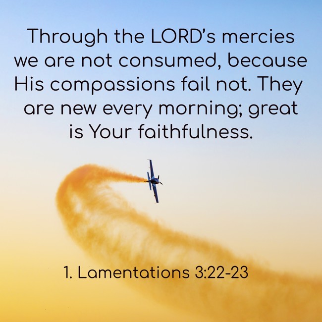 Through the LORD’s mercies we are not consumed, because His compassions fail not. They are new every morning; great is Your faithfulness. - 1. Lamentations 3:22-23