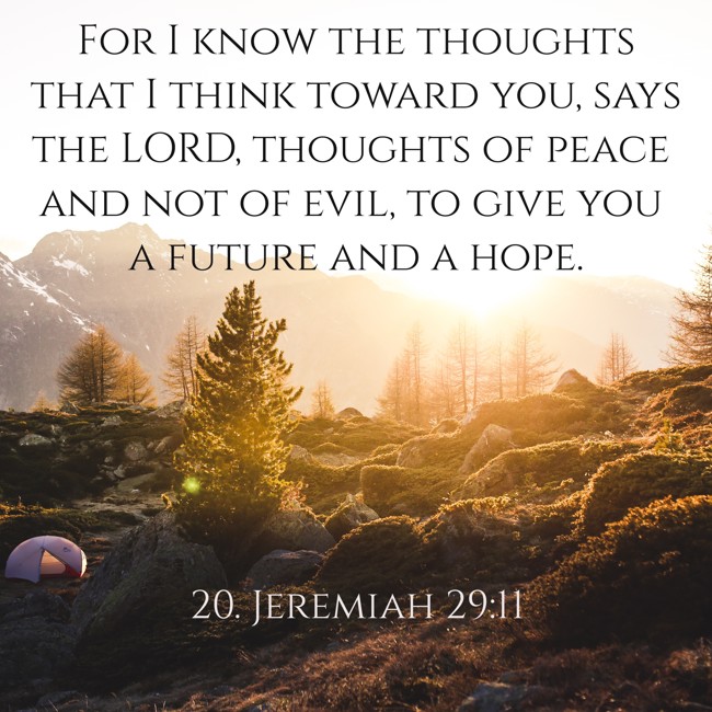 For I know the thoughts that I think toward you, says the LORD, thoughts of peace and not of evil, to give you a future and a hope. - 20. Jeremiah 29:11