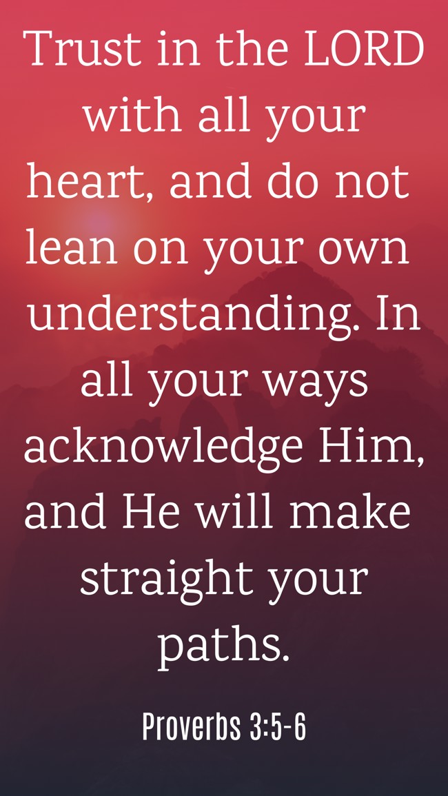 Trust in the LORD with all your heart, and do not lean on your own understanding. In all your ways acknowledge Him, and He will make straight your paths. - Proverbs 3:5-6