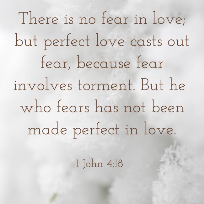 There is no fear in love; but perfect love casts out fear, because fear involves torment. But he who fears has not been made perfect in love. - 1 John 4:18