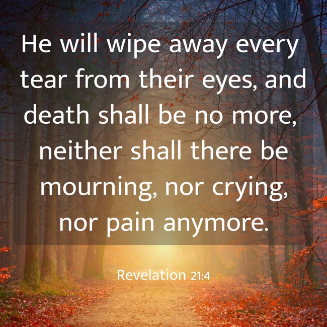 He will wipe away every tear from their eyes, and death shall be no more, neither shall there be mourning, nor crying, nor pain anymore. - Revelation 21:4