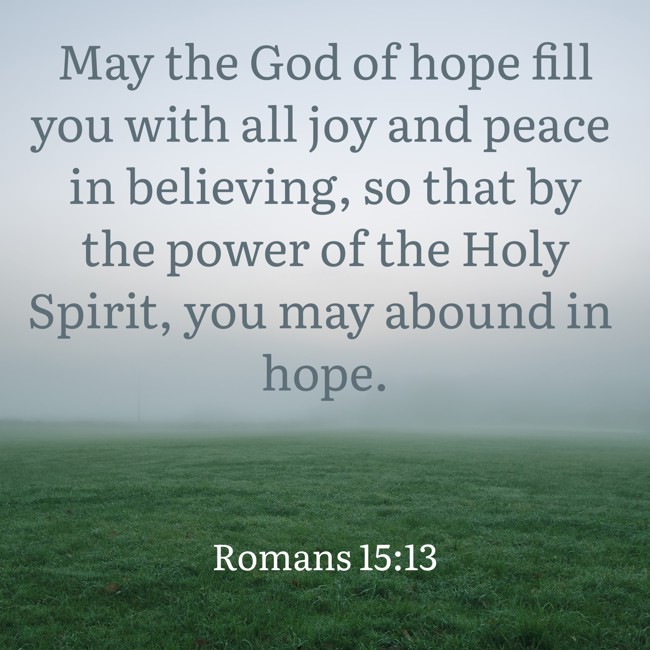 May the God of hope fill you with all joy and peace in believing, so that by the power of the Holy Spirit, you may abound in hope. - Romans 15:13