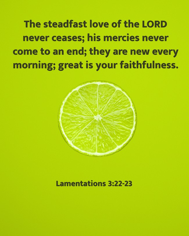 The steadfast love of the LORD never ceases; his mercies never come to an end; they are new every morning; great is your faithfulness. - Lamentations 3:22-23