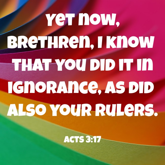  Yet now, brethren, I know that you did it in ignorance, as did also your rulers.   - Acts 3:17 