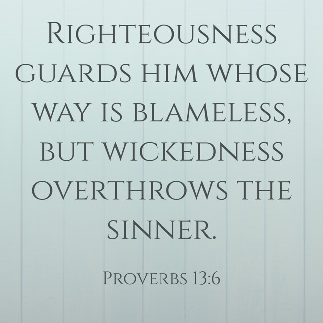  Righteousness guards him whose way is blameless, but wickedness overthrows the sinner.   - Proverbs 13:6 