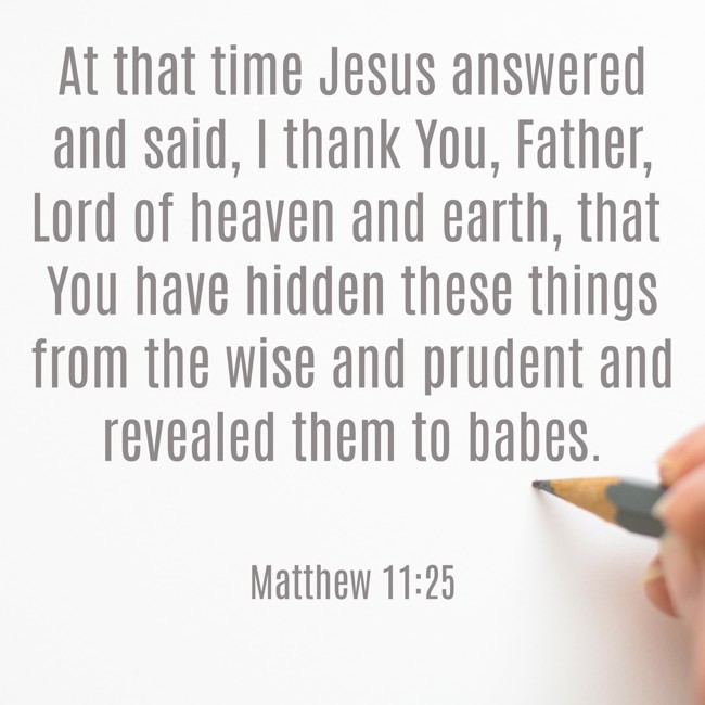  At that time Jesus answered and said, I thank You, Father, Lord of heaven and earth, that You have hidden these things from the wise and prudent and revealed them to babes.   - Matthew 11:25 