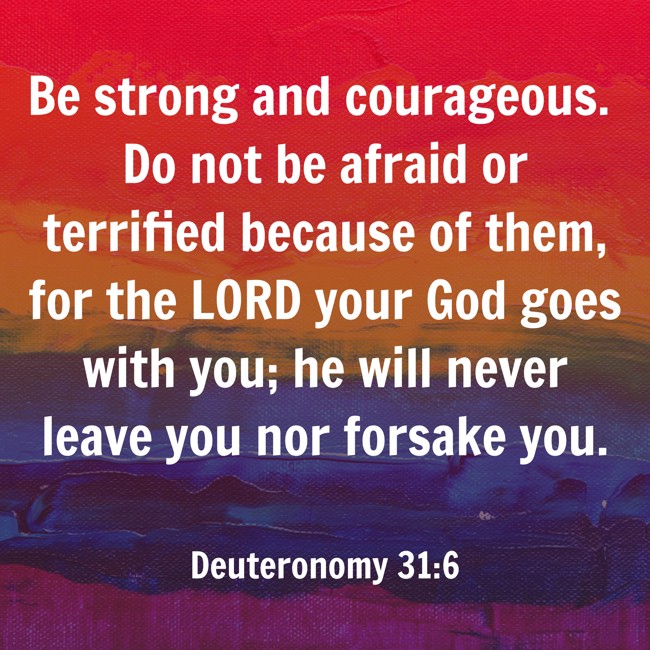 Be strong and courageous. Do not be afraid or terrified because of them, for the LORD your God goes with you; he will never leave you nor forsake you. - Deuteronomy 31:6