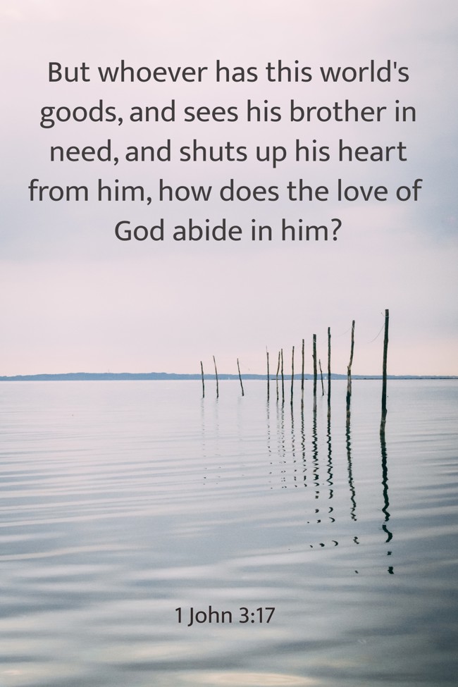 But whoever has this world's goods, and sees his brother in need, and shuts up his heart from him, how does the love of God abide in him? - 1 John 3:17