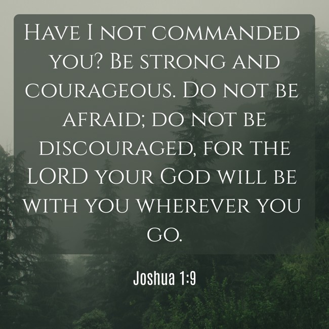 Have I not commanded you? Be strong and courageous. Do not be afraid; do not be discouraged, for the LORD your God will be with you wherever you go. - Joshua 1:9