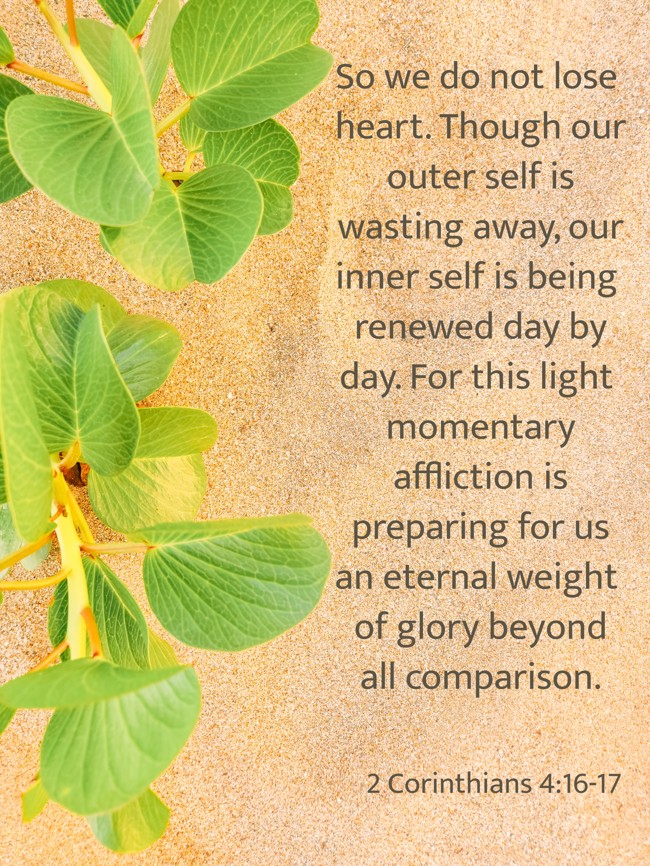 So we do not lose heart. Though our outer self is wasting away, our inner self is being renewed day by day. For this light momentary affliction is preparing for us an eternal weight of glory beyond all comparison. - 2 Corinthians 4:16-17