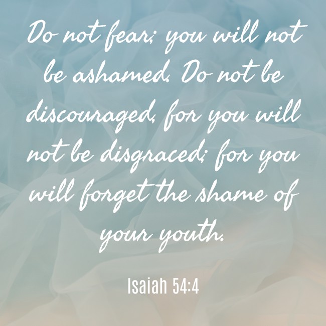 Do not fear; you will not be ashamed. Do not be discouraged, for you will not be disgraced; for you will forget the shame of your youth. - Isaiah 54:4