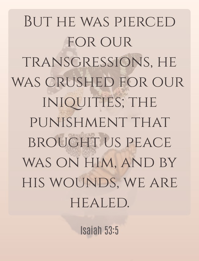 But he was pierced for our transgressions, he was crushed for our iniquities; the punishment that brought us peace was on him, and by his wounds, we are healed. - Isaiah 53:5