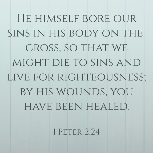 He himself bore our sins in his body on the cross, so that we might die to sins and live for righteousness; by his wounds, you have been healed. - 1 Peter 2:24