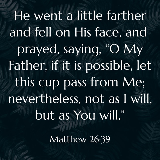 He went a little farther and fell on His face, and prayed, saying, “O My Father, if it is possible, let this cup pass from Me; nevertheless, not as I will, but as You will.” - Matthew 26:39