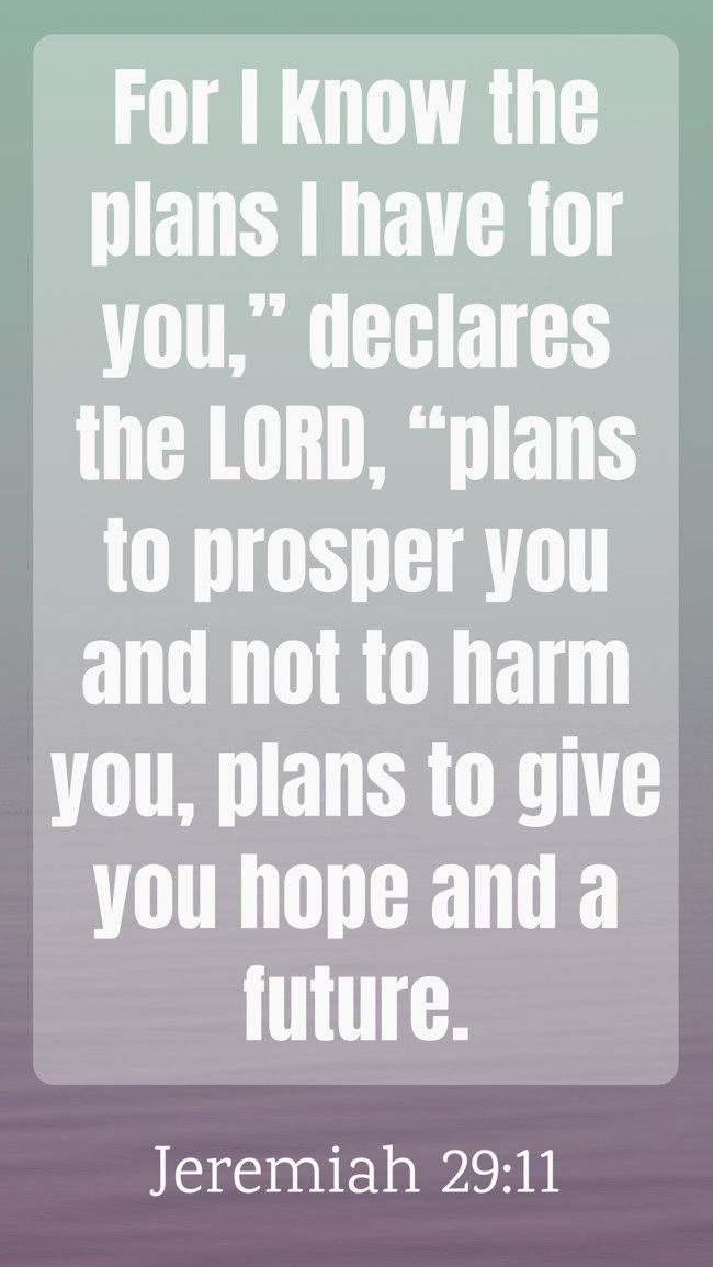 For I know the plans I have for you,” declares the LORD, “plans to prosper you and not to harm you, plans to give you hope and a future. - Jeremiah 29:11