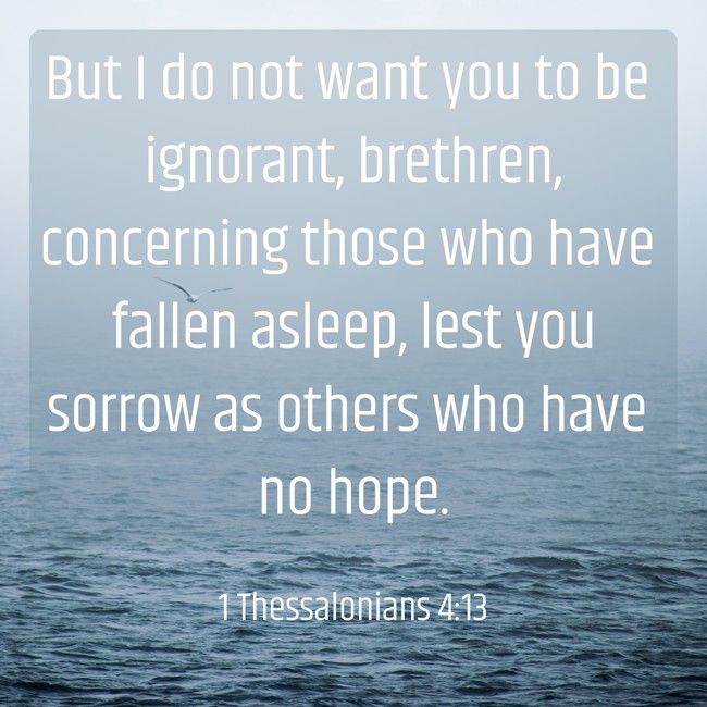  But I do not want you to be ignorant, brethren, concerning those who have fallen asleep, lest you sorrow as others who have no hope.   - 1 Thessalonians 4:13 