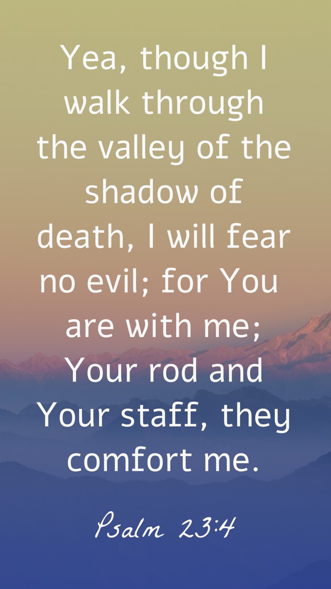  Yea, though I walk through the valley of the shadow of death, I will fear no evil; for You are with me; Your rod and Your staff, they comfort me.   - Psalm 23:4 