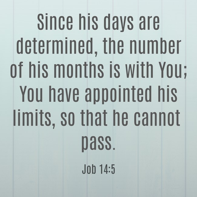  Since his days are determined, the number of his months is with You; You have appointed his limits, so that he cannot pass.   - Job 14:5 